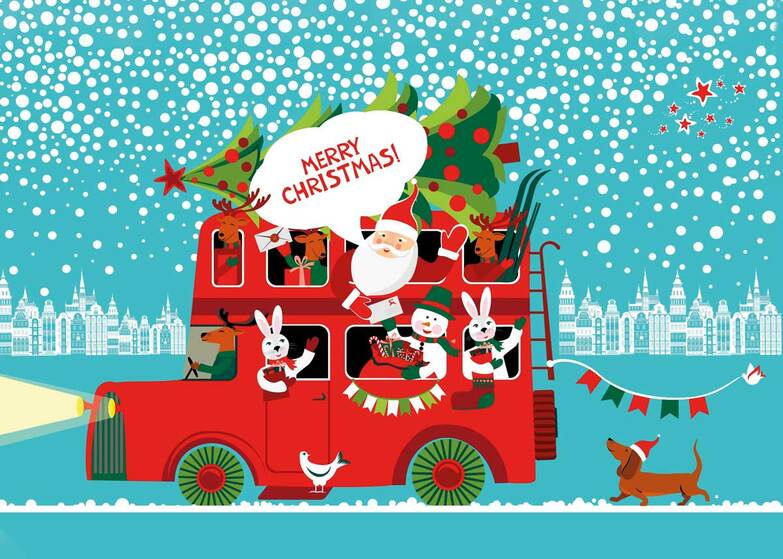 Weihnachtskarte: Lustige Busfahrt