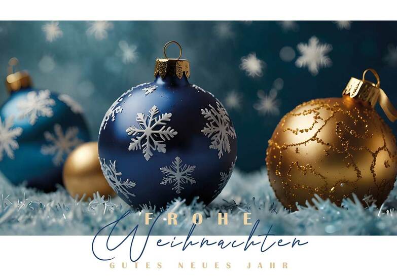 Weihnachtskarte: Kugeldeko Blau-Gold