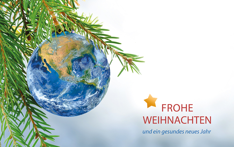 Weihnachtskarte: Welt hängt am Ast