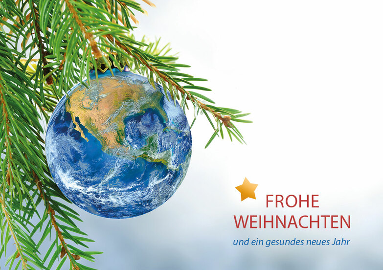 Weihnachtskarte: Welt hängt am Ast