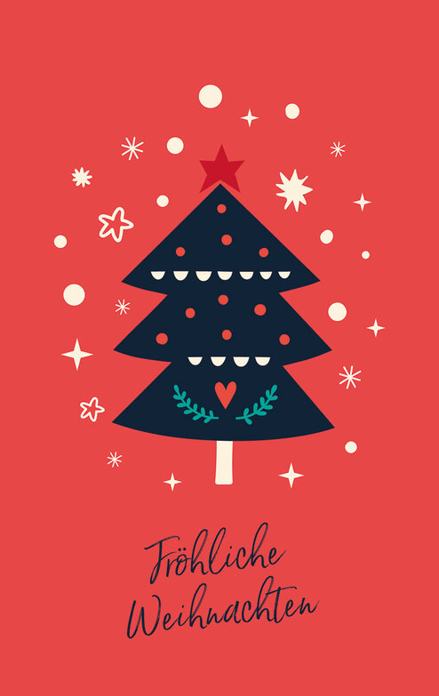 Weihnachtskarte: Retro - Baum auf Rot