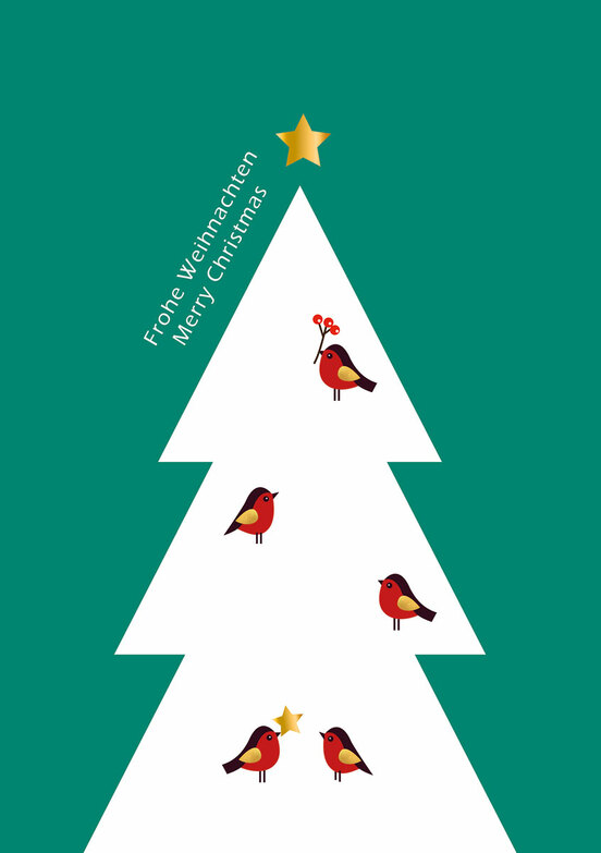 Weihnachtskarte: Vögel auf weißem Baum