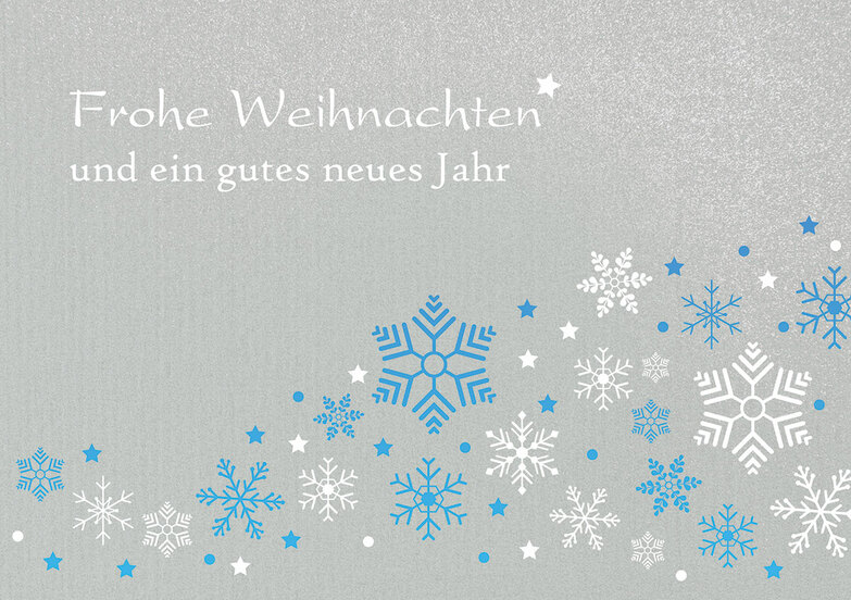 Weihnachtskarte: Rote und weiße Schneeflocken auf Blau