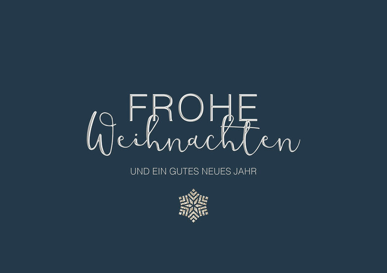 Weihnachtskarte: Text auf Blau mit Silberflocke