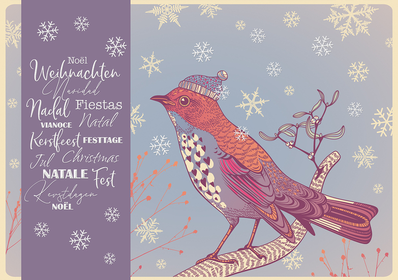 Weihnachtskarte: Vogel im Schneesturm