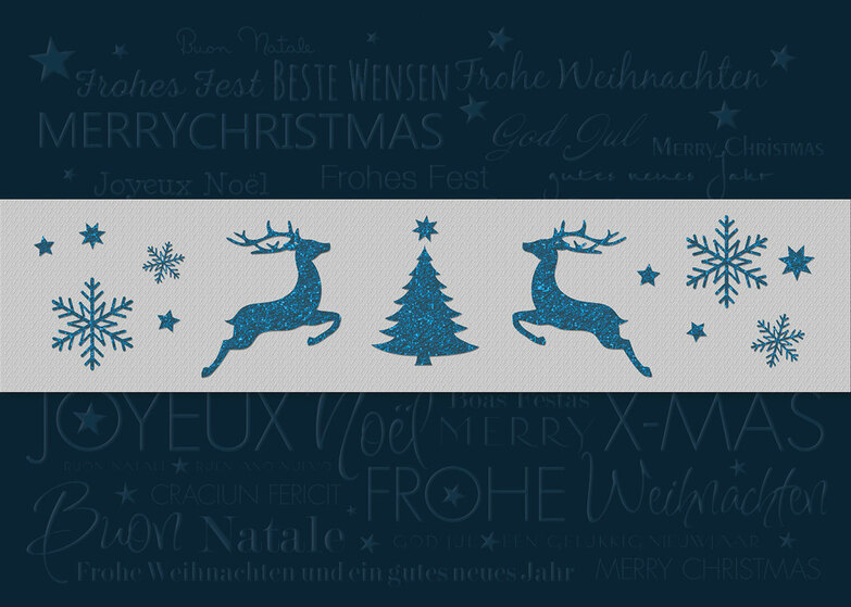 Weihnachtskarte: Springende Hirsche, blau