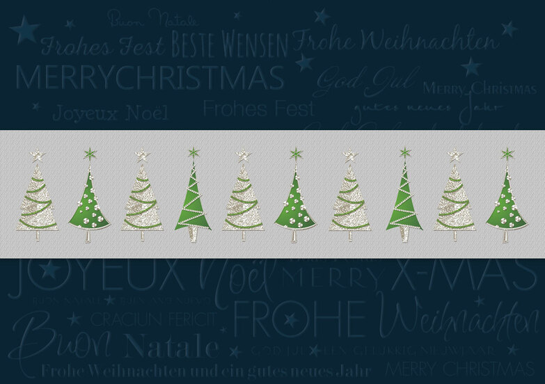 Weihnachtskarte: Baumreihe groß, blau