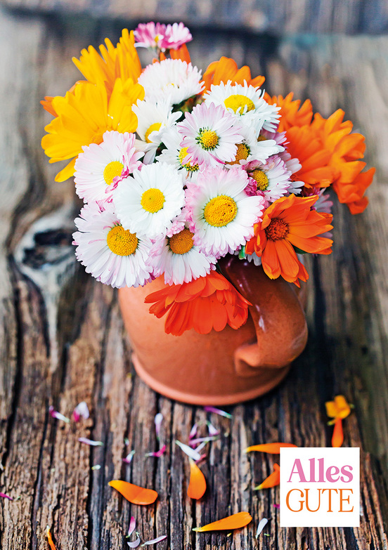 Grußkarte: Wiesenblumen im Tonkrug